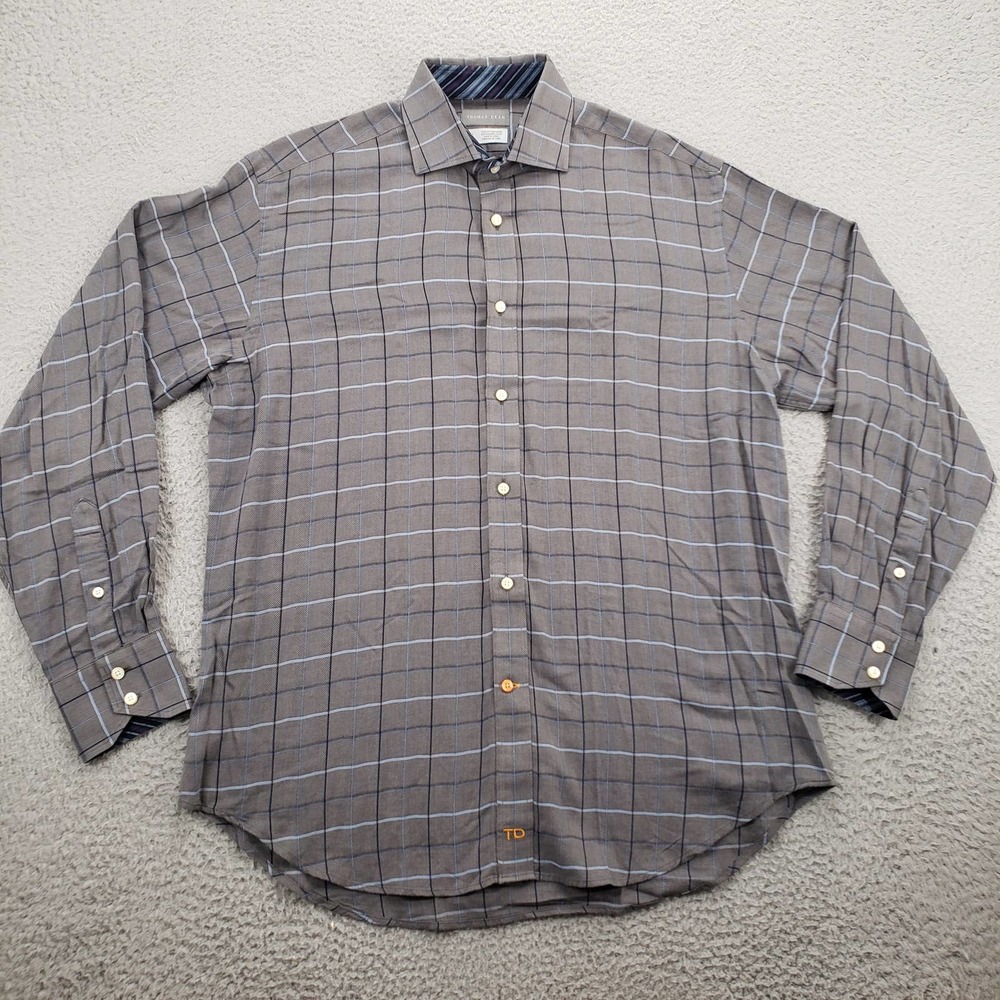 Thomas Dean Shirt Mens Medium Gray Plaid Long Sleeve Button Up Classic Preppy